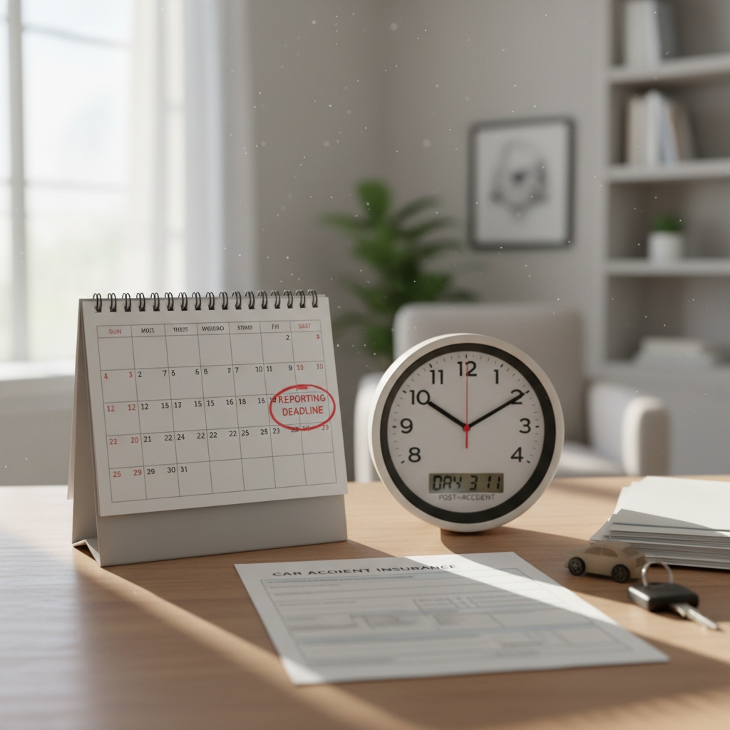 Calendar, clock, and car insurance paperwork on a desk illustrating accident reporting deadlines