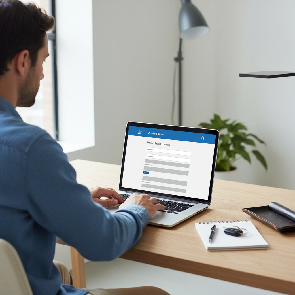 Person using a laptop to search online for a car accident police report