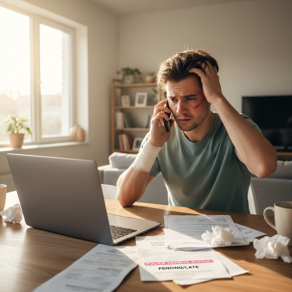 Injured driver at a kitchen table reviewing medical bills and insurance documents after a car accident