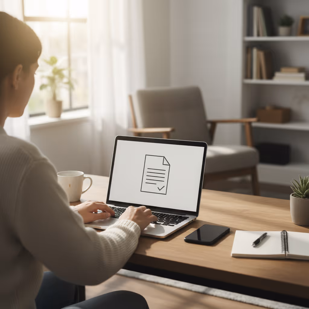 Person at a home desk using a laptop to request an online car accident report