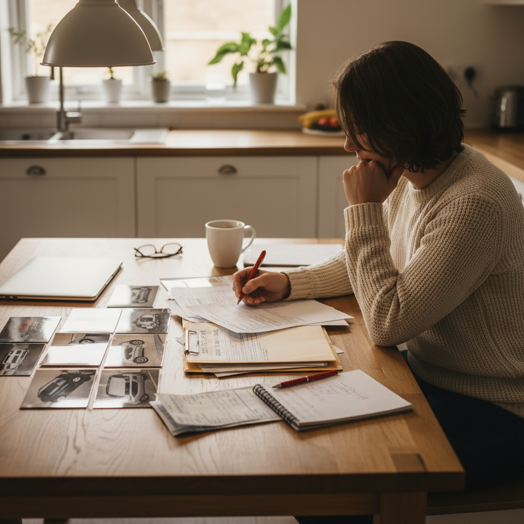 Person at a kitchen table organizing documents, bills, and photos for a car accident claim without a police report