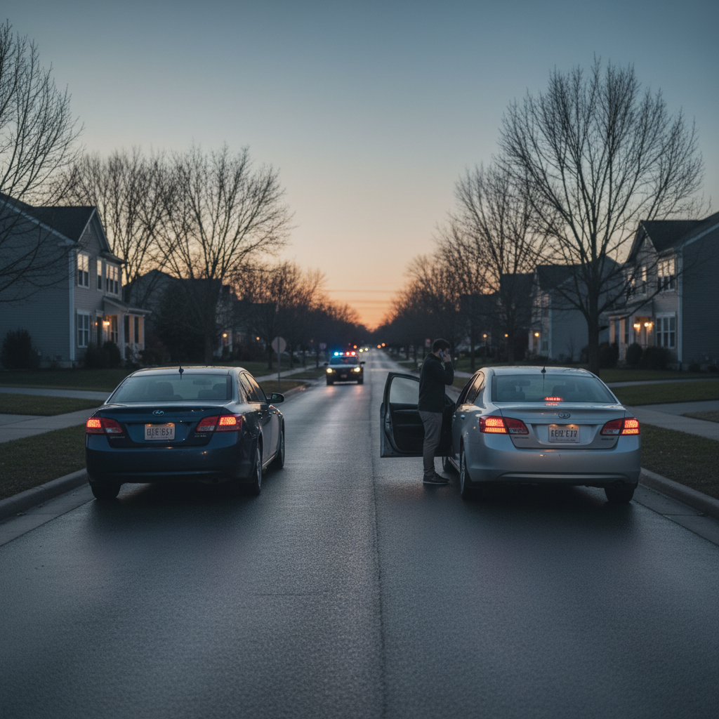 Two cars pulled over after a minor accident with a police vehicle in the background