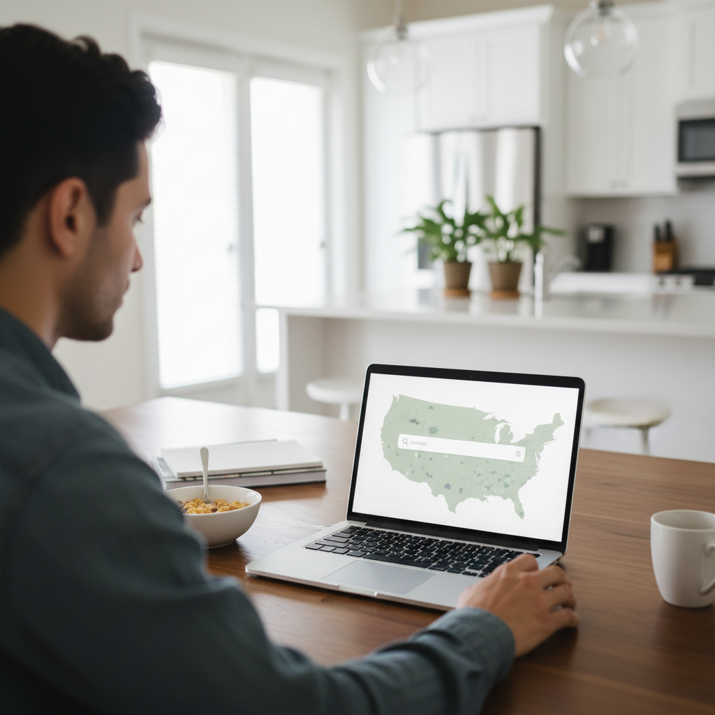 Person using a laptop at a table to look up an accident report online