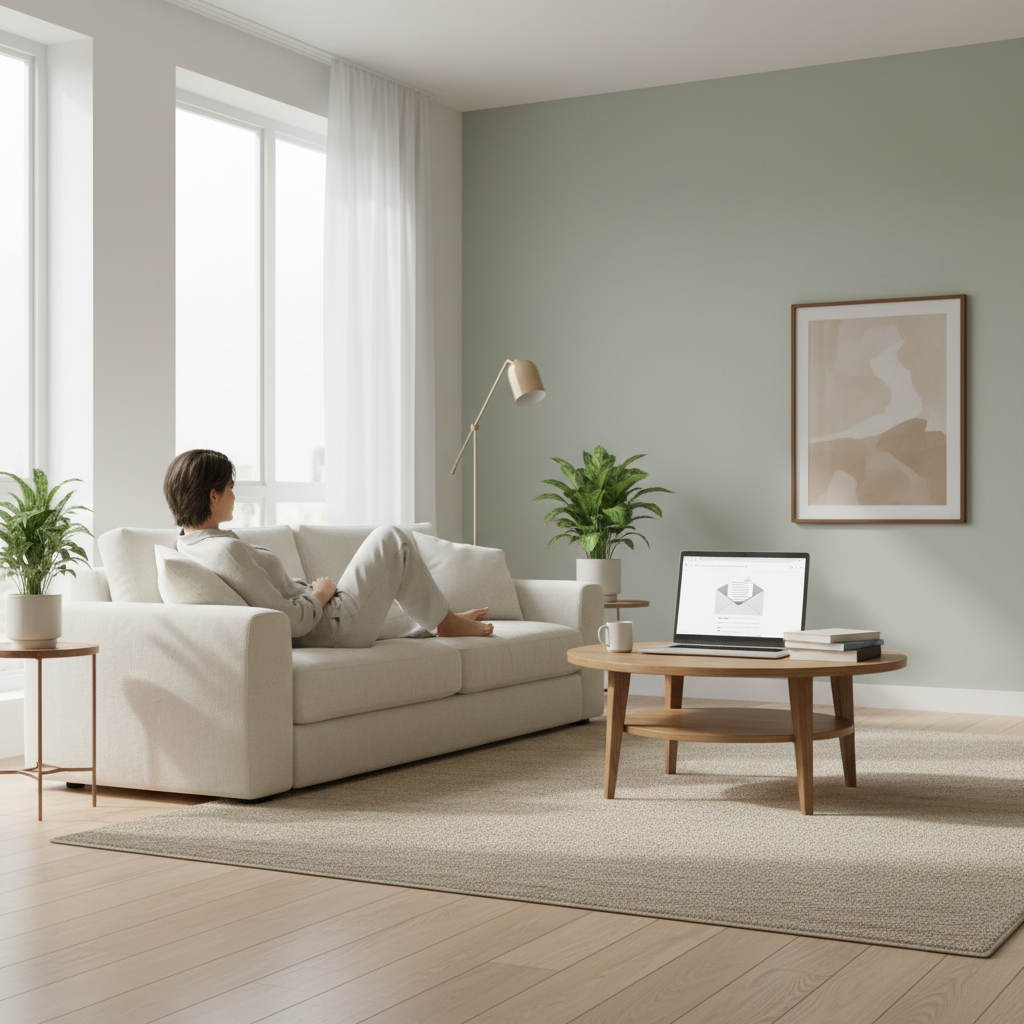 Person relaxing on a sofa while a laptop on the table displays a document email