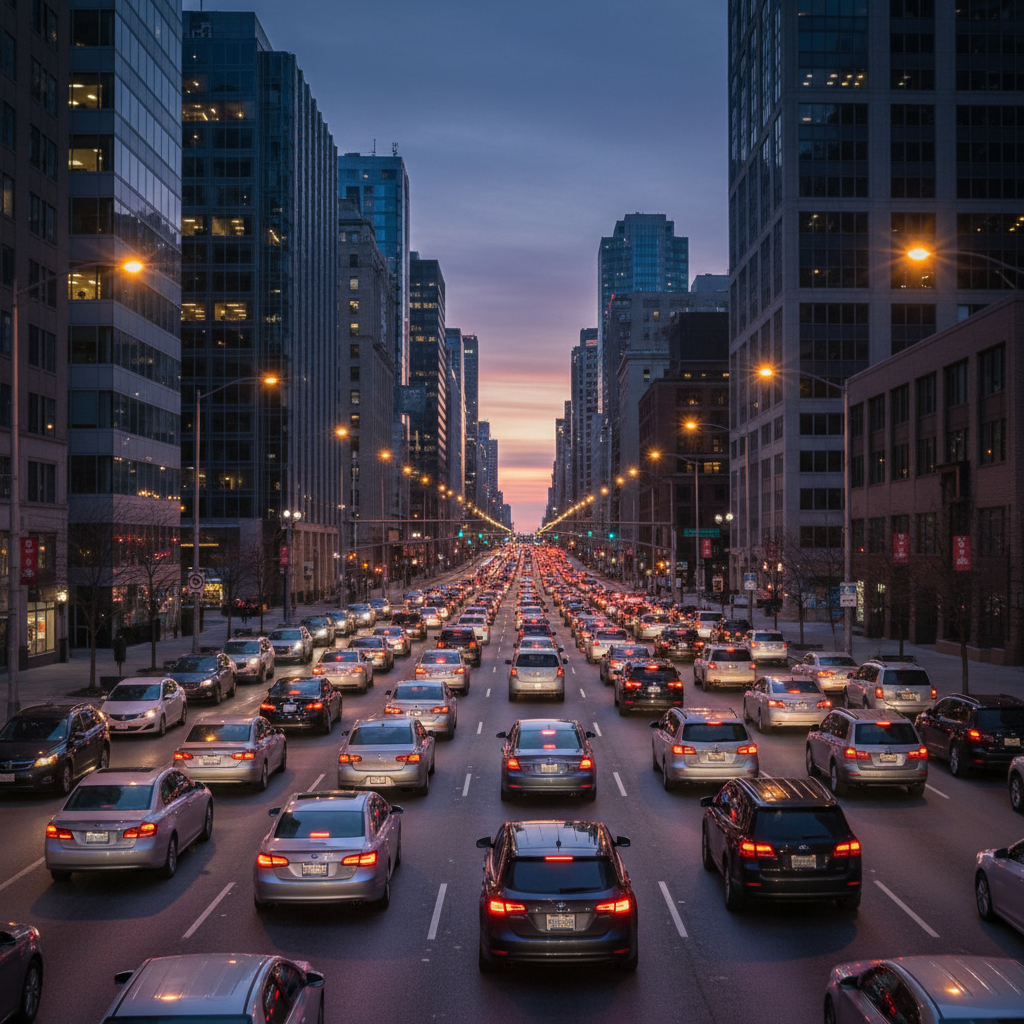 Slow-moving line of cars in city traffic at dusk, illustrating everyday car accident risk and statistics