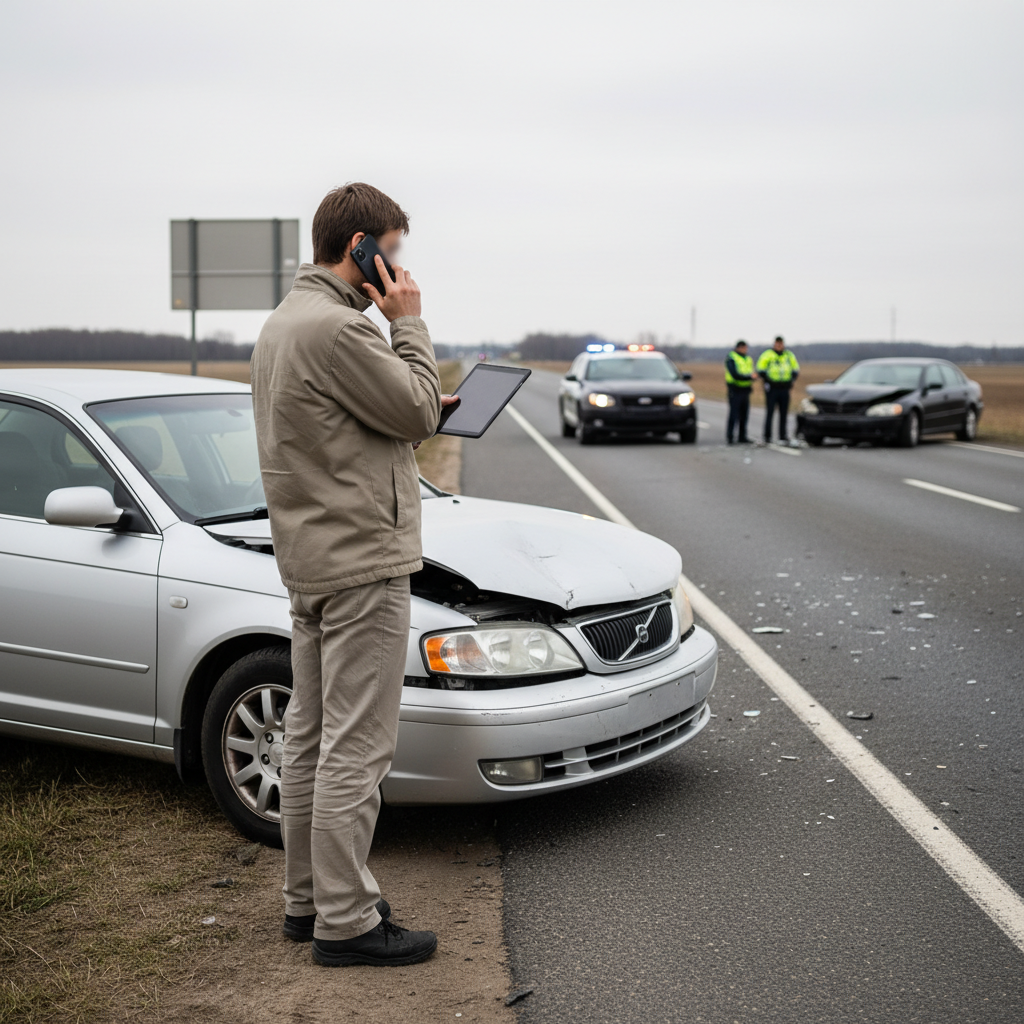 Driver standing beside a stopped car on the roadside while calling about a car accident police report