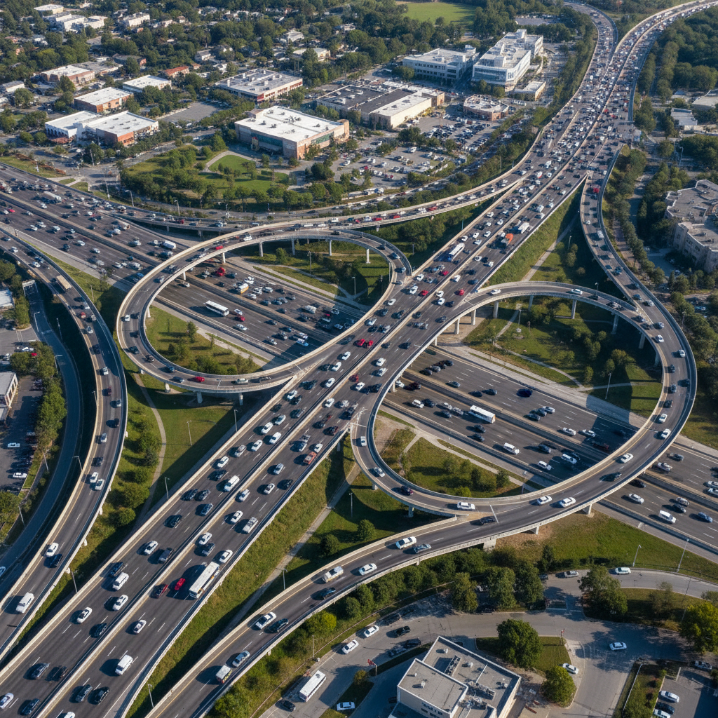 Aerial view of a busy highway interchange showing heavy traffic volume for car accident statistics context