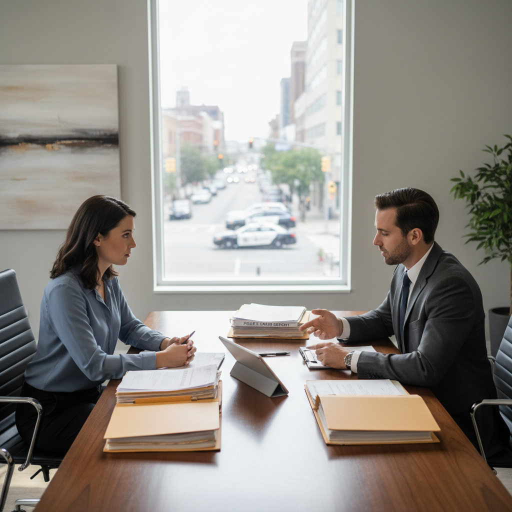 Personal injury attorney meeting with a client in a law office reviewing police crash report documents