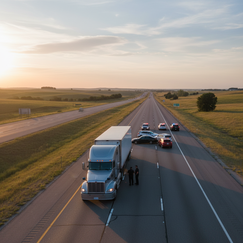 Police vehicles and a semi-truck stopped on a highway shoulder after a non-graphic crash scene