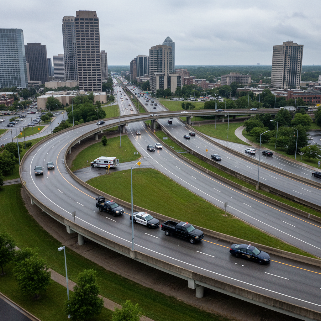 High-angle view of a minor traffic crash with multiple police and emergency vehicles at an intersection