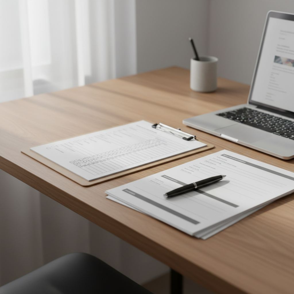 Organized intake desk with checklist, forms, and laptop for a personal injury police crash report file