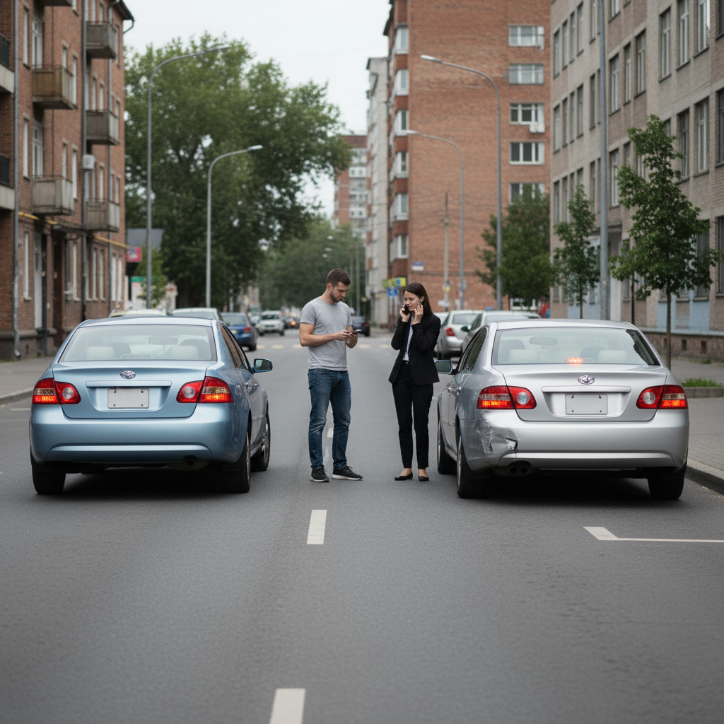 Drivers standing beside two lightly damaged cars after a minor accident, calmly exchanging information