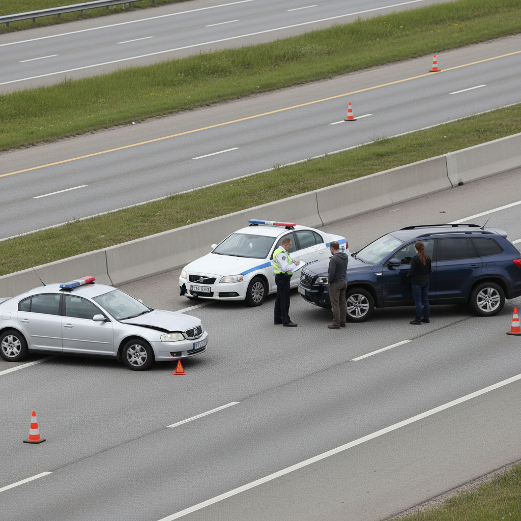 Traffic officer talking with drivers beside their damaged cars at a roadside accident scene
