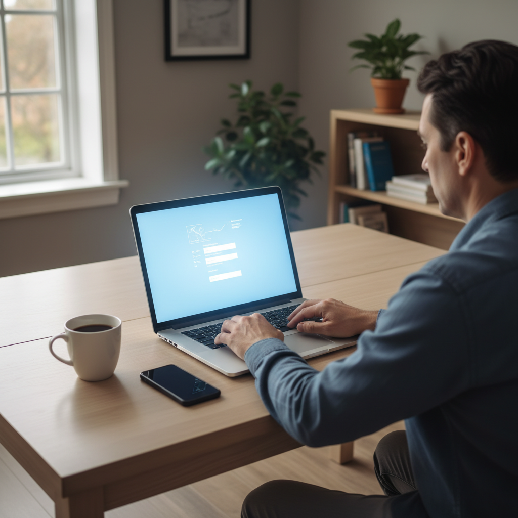 Adult using a laptop at home to look up online help after a car accident