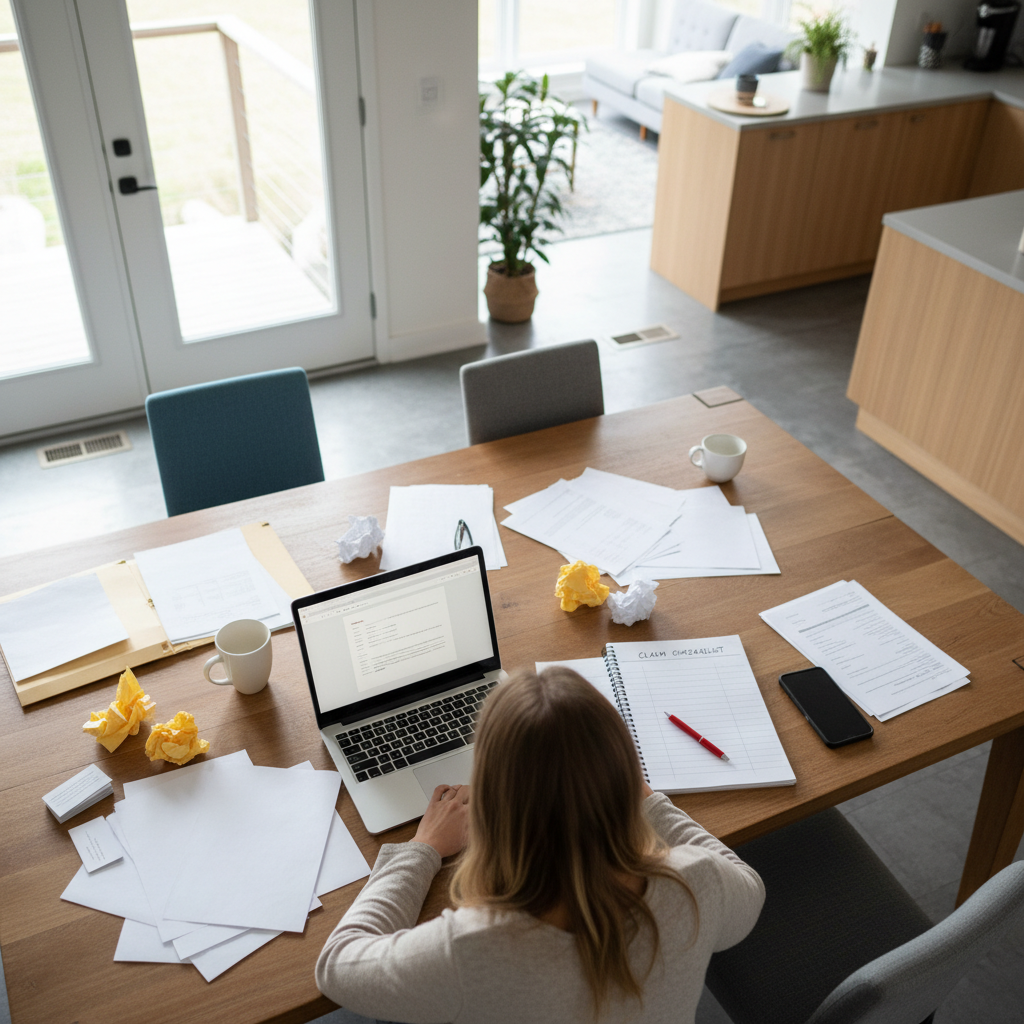 Person at a table organizing documents, laptop, and phone while working on car accident paperwork