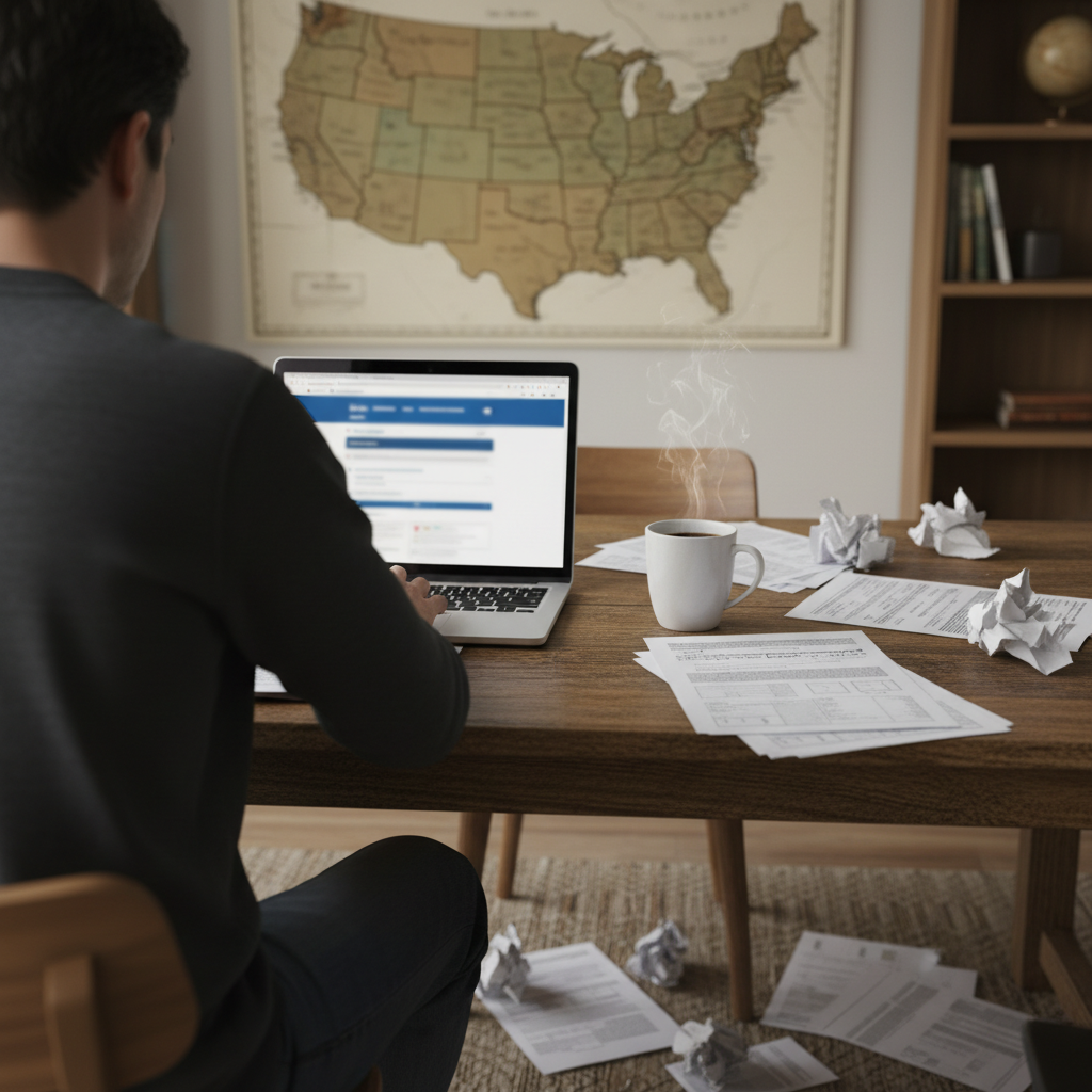 Person at a table using a laptop and paperwork to request an out-of-state accident report online