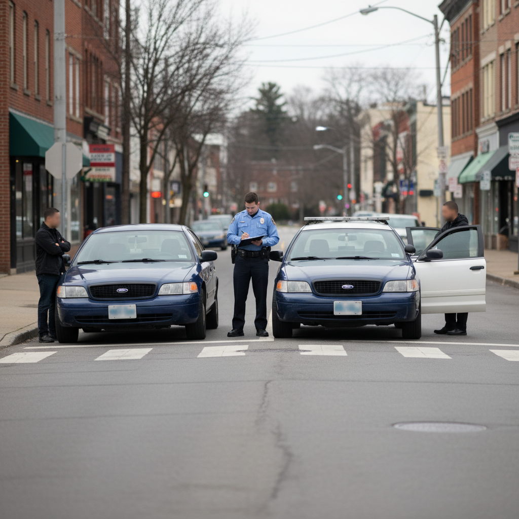 Police officer taking notes beside two vehicles after a traffic accident