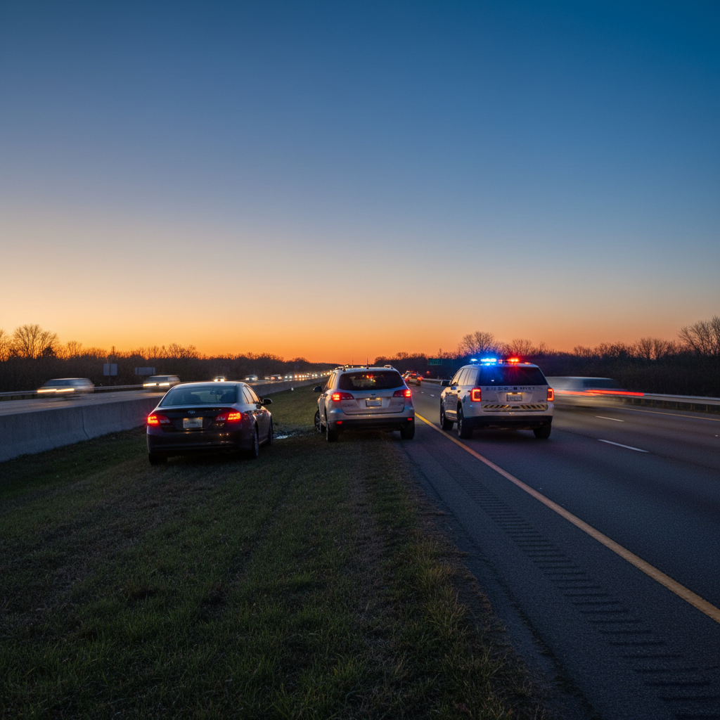 Wide view of a minor car accident on a highway with a police vehicle on the shoulder