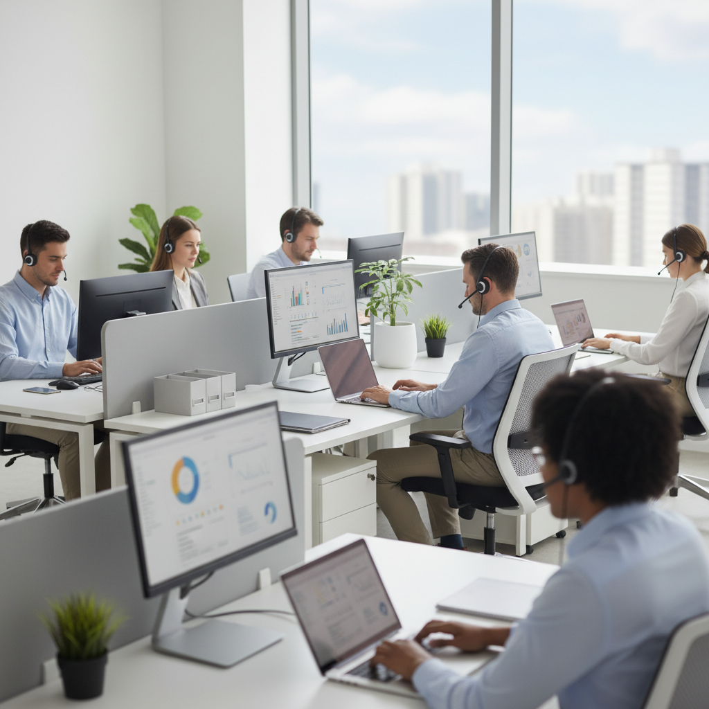 Customer support team in an office working at computers and phones