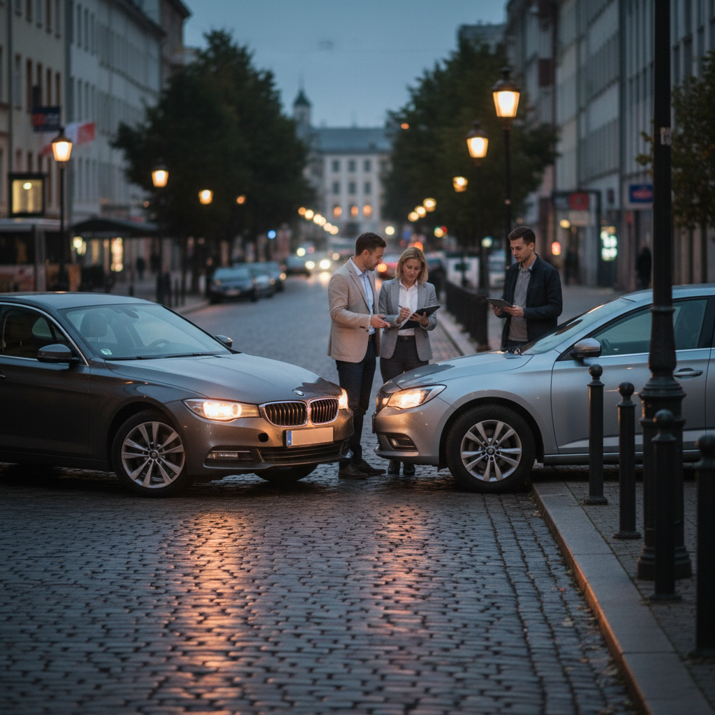 Two modern cars pulled over after a minor accident with drivers calmly exchanging information.