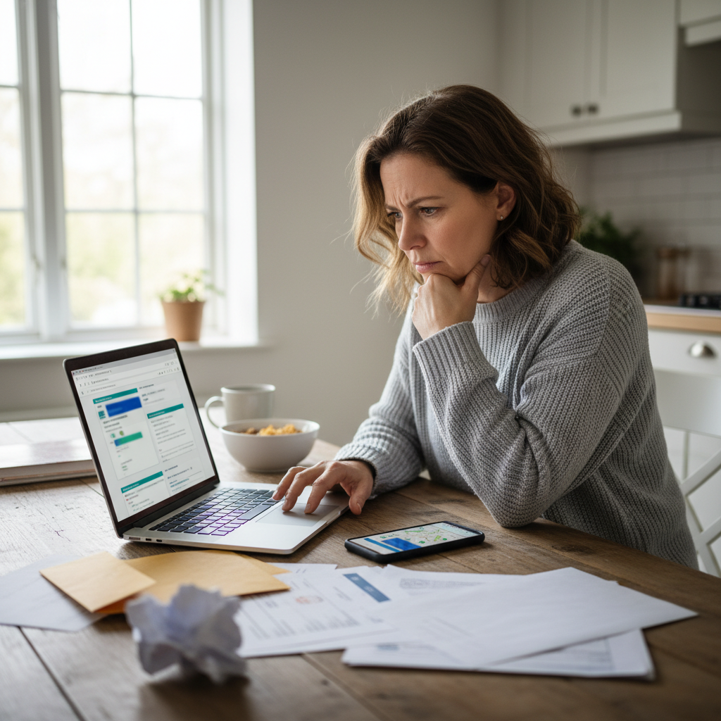 Driver at a kitchen table using a laptop and phone to search for the right police agency.