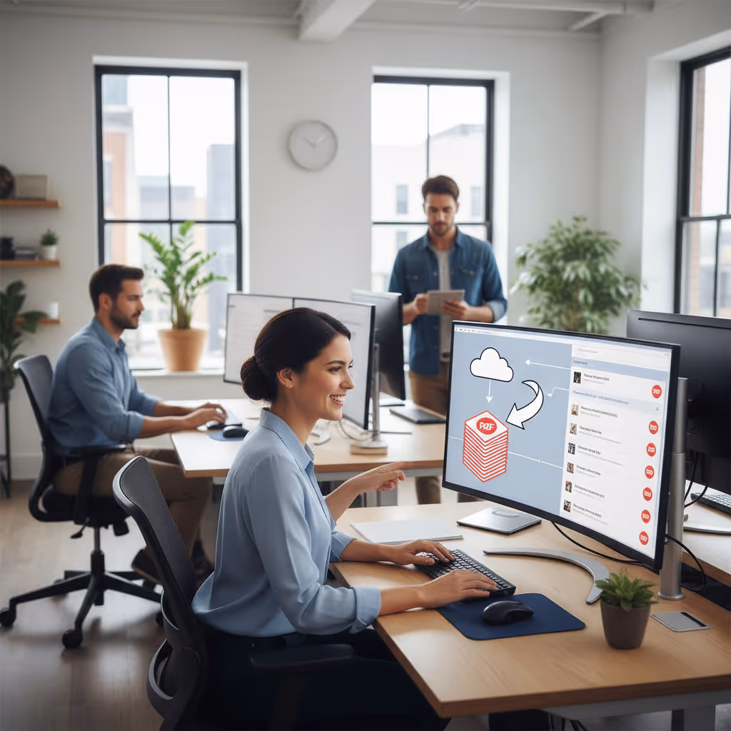 Professional team in an office working at computers to retrieve and email digital reports.
