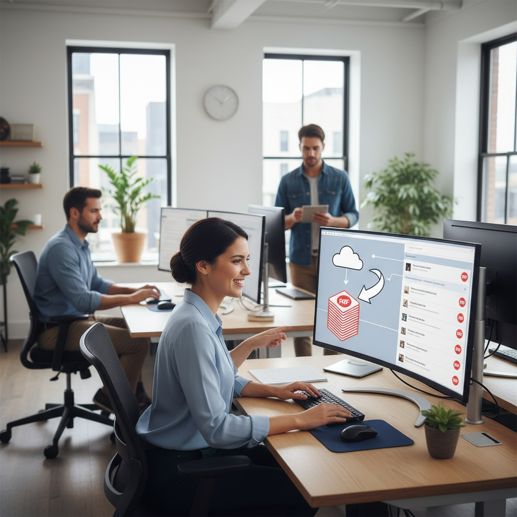 Professional team in an office working at computers to retrieve and email digital reports.