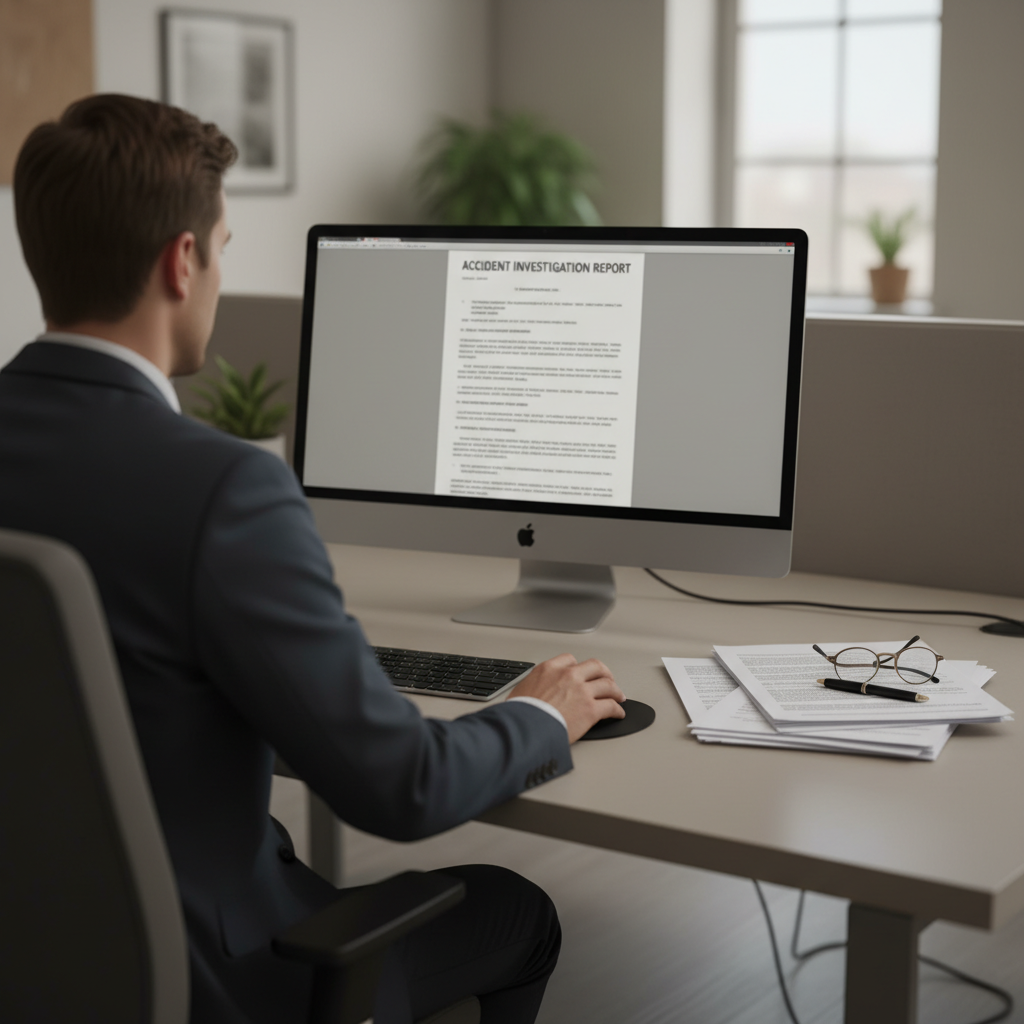 Person at a desk reviewing an accident report document on a computer with paperwork nearby.
