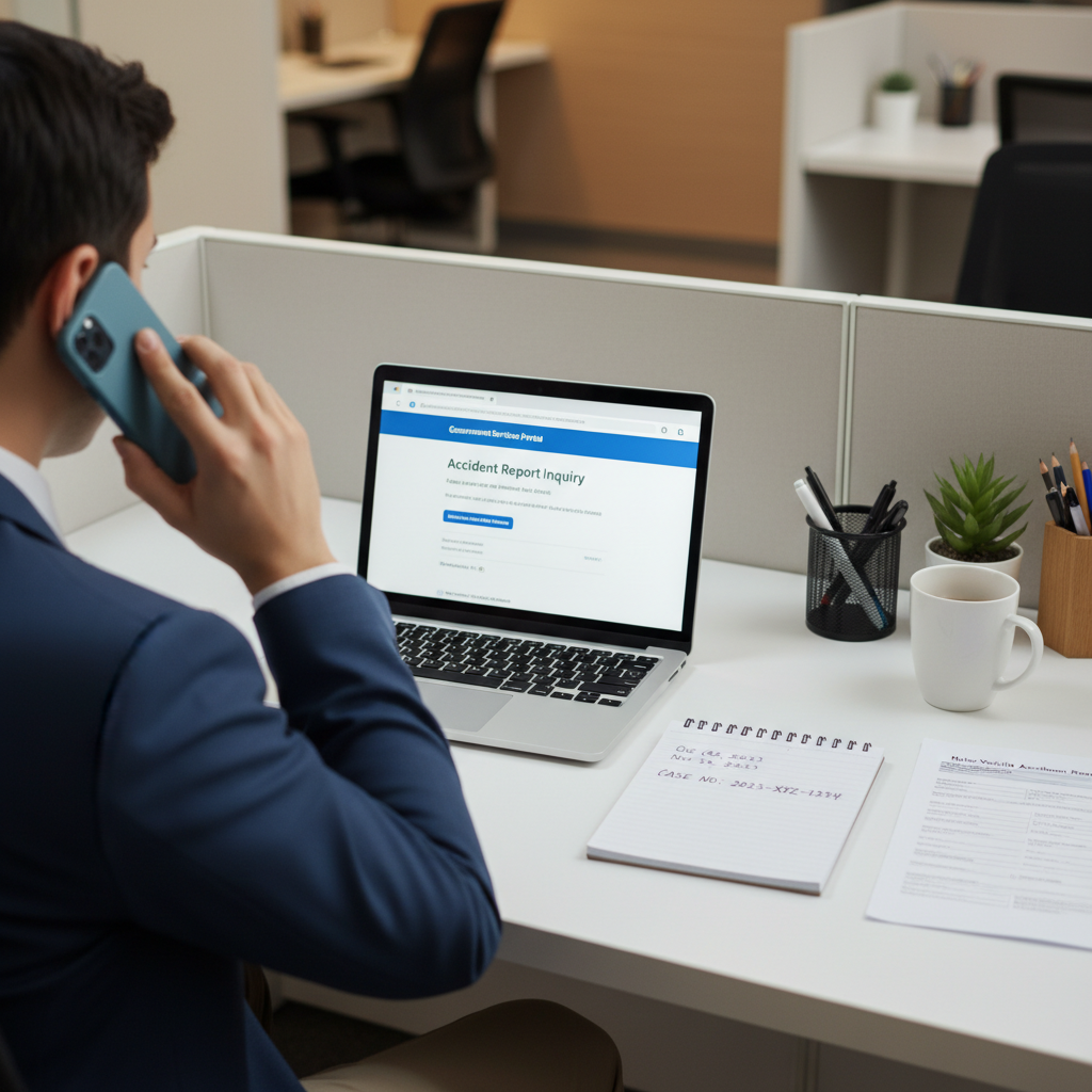 Person at a desk calling about a car crash report with a laptop and paperwork in front of them
