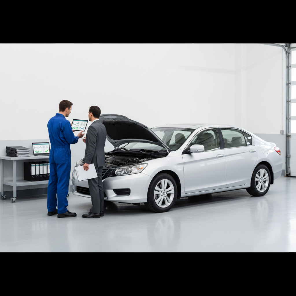 Mechanic and driver reviewing vehicle history documents next to a car in a garage