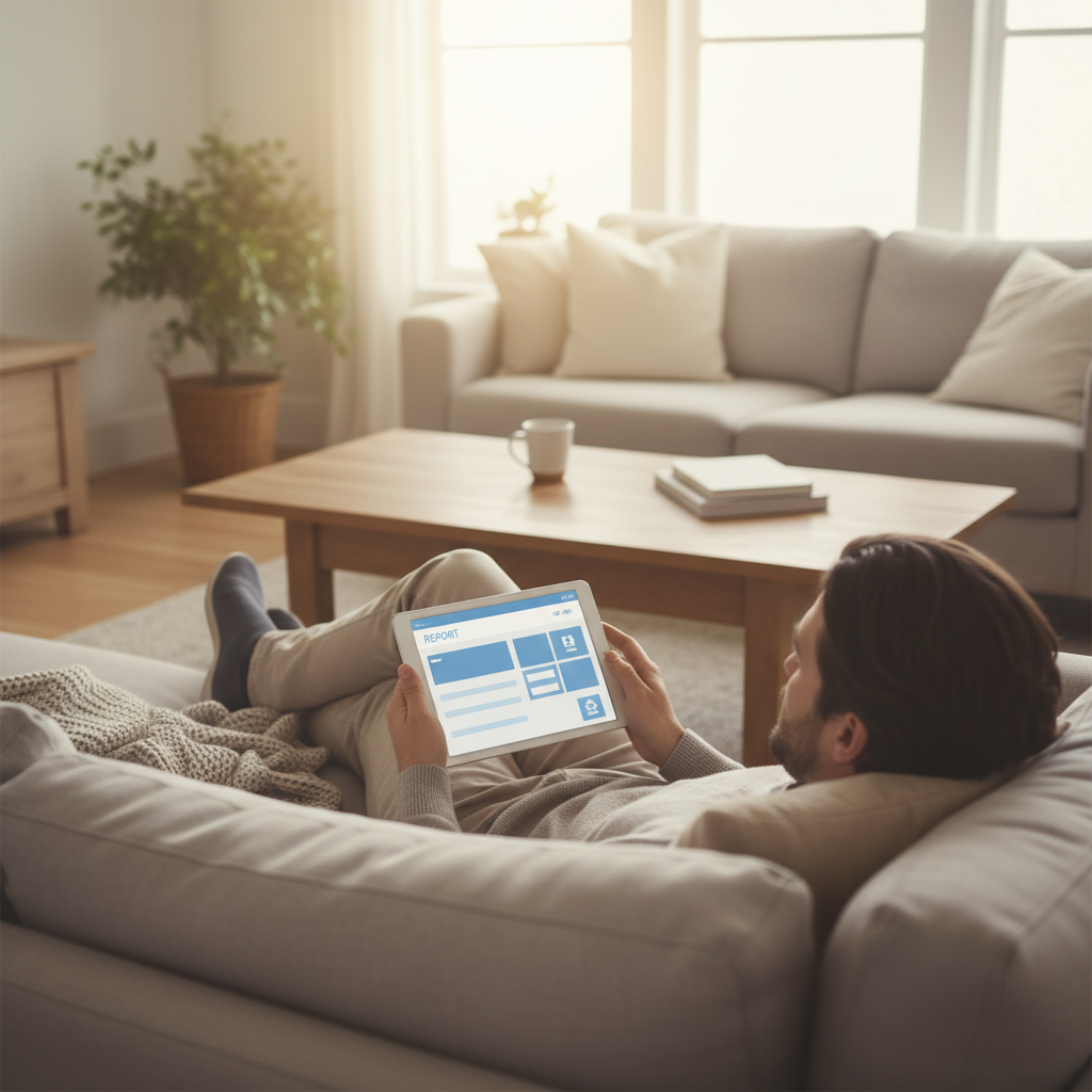 Person on a sofa viewing an accident report PDF on a tablet