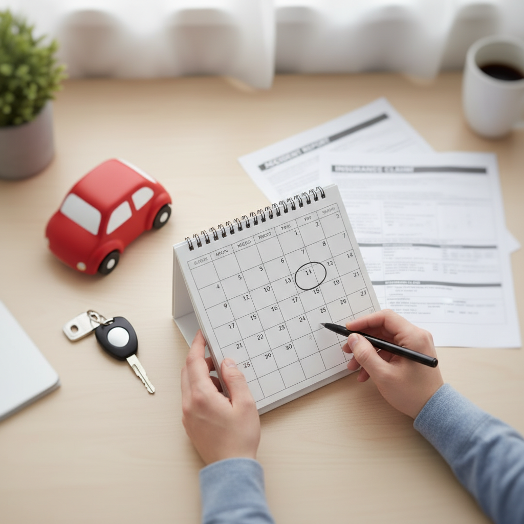 Top-down view of a calendar, car keys, and paperwork while marking accident report dates