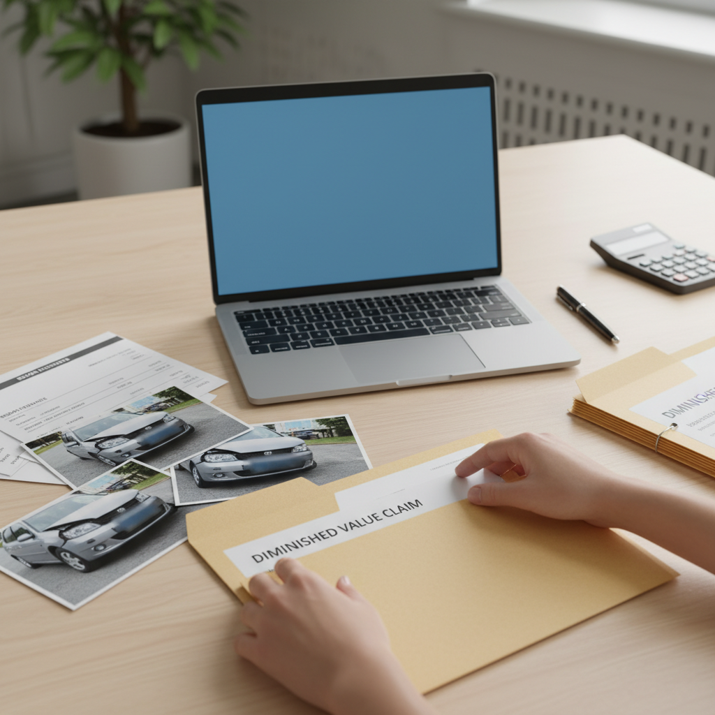 Desk with laptop and organized car accident photos and repair documents for a diminished value packet