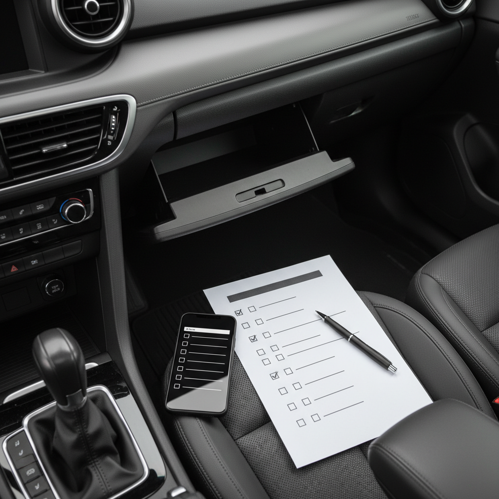 Open car glove box with a printed checklist, pen, and smartphone ready to record car crash details