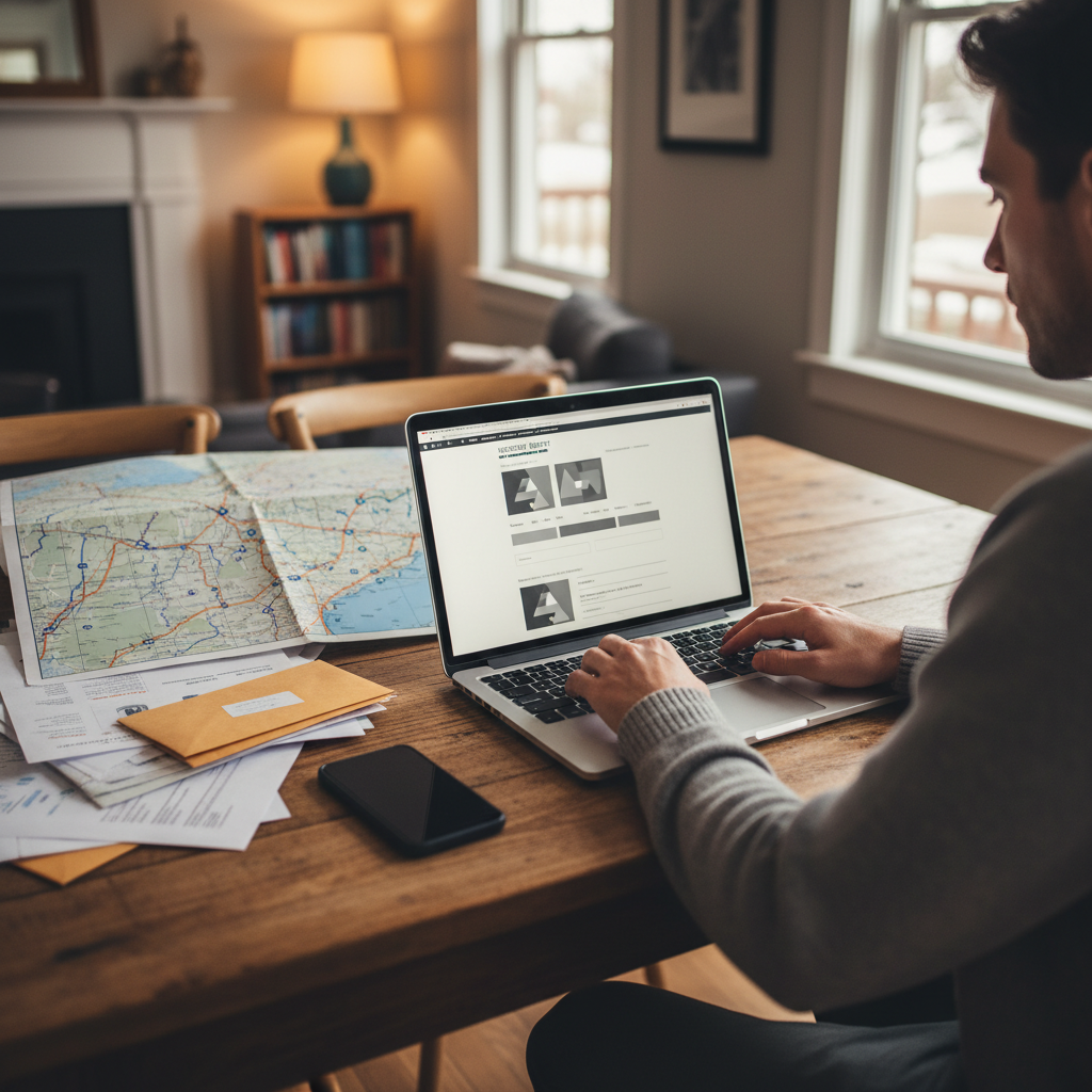 Person at home using a laptop and paperwork to report a car crash that happened out of state