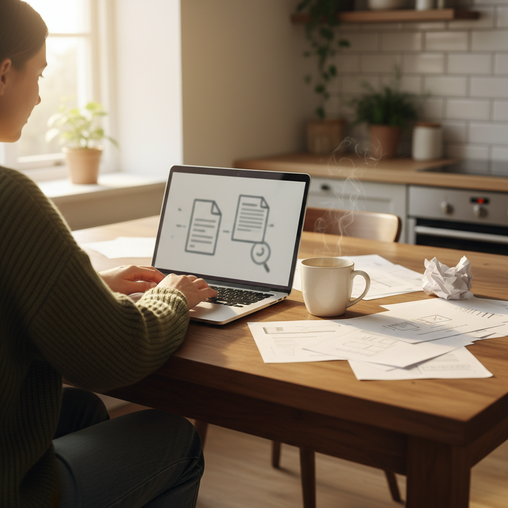 Person using a laptop at a table with papers while looking up a crash report online
