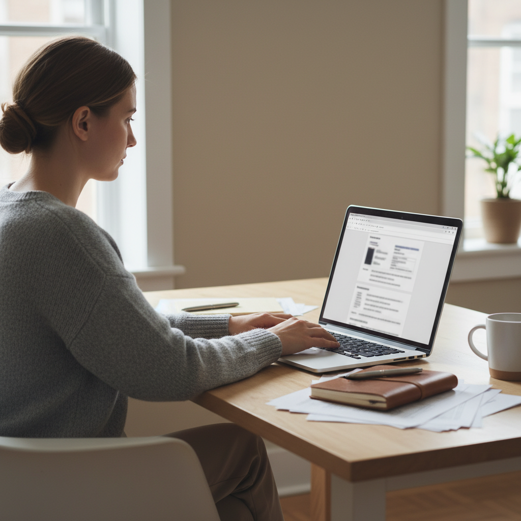 Person using a laptop at a home office desk to view an online accident report