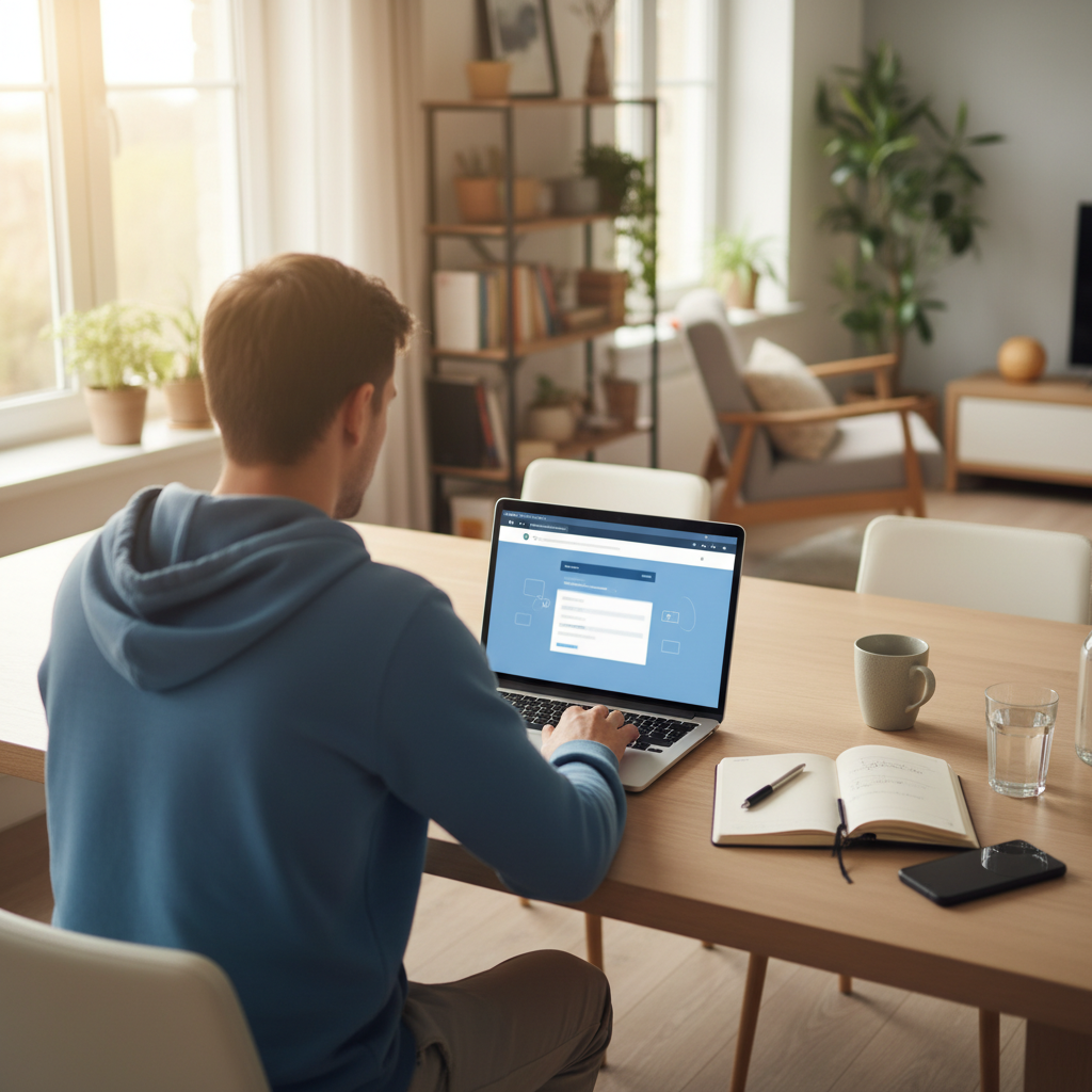 Person at home using a laptop to request an online police accident report