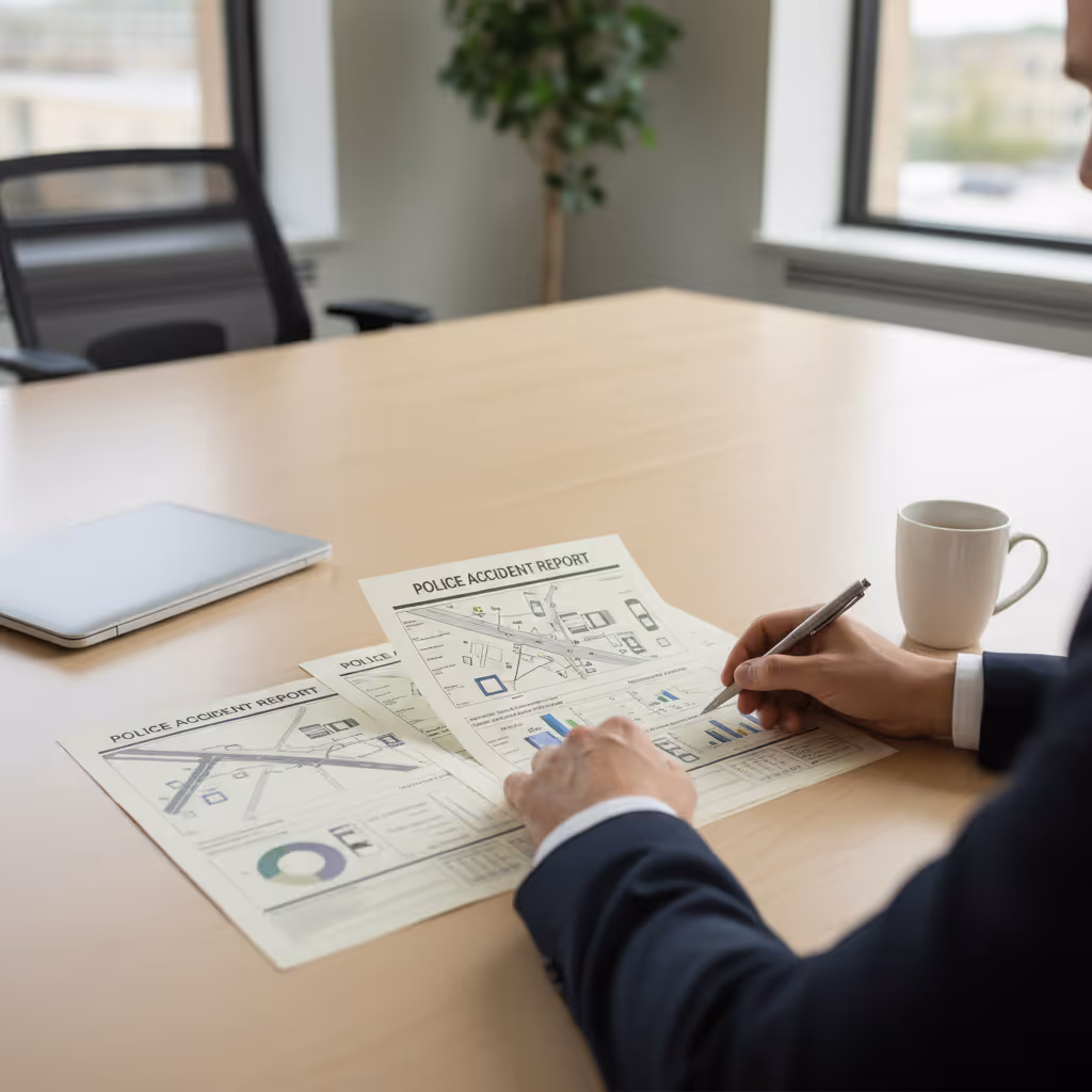 Person reviewing printed police accident report pages on a desk