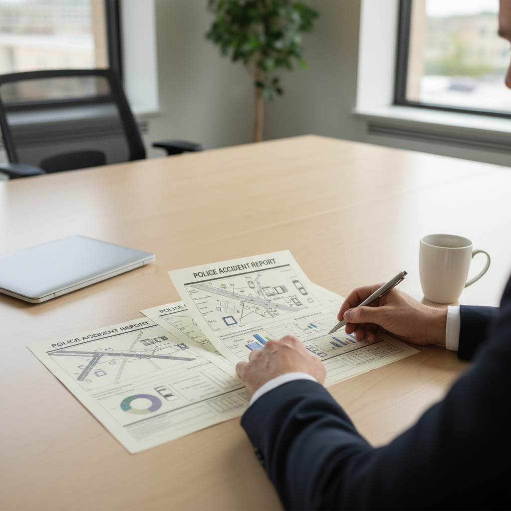 Person reviewing printed police accident report pages on a desk