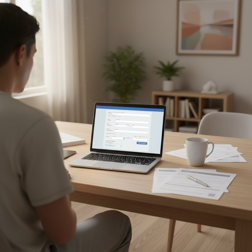 Person at home using a laptop and paperwork to request a police accident report online