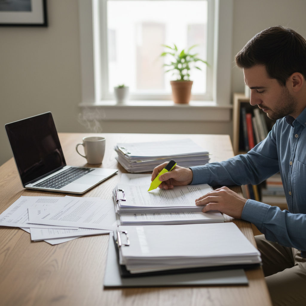 Person at a desk reviewing a printed police crash report with a pen