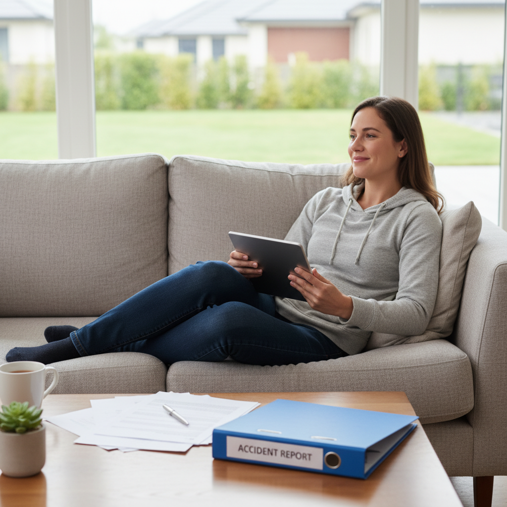 Person relaxing on a sofa using a laptop after a report retrieval service handled their minor car accident report