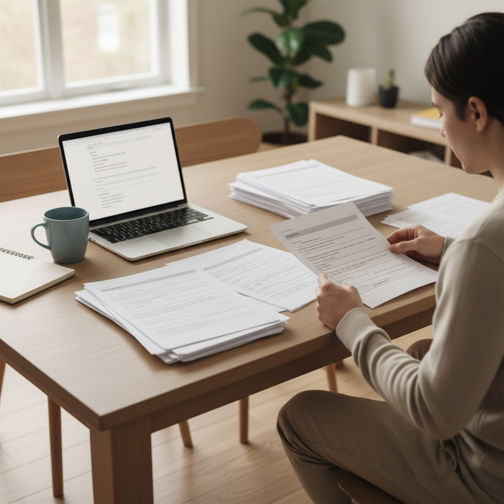 Person at a table with a laptop and paperwork, organizing documents to request a police crash report for an insurance claim.