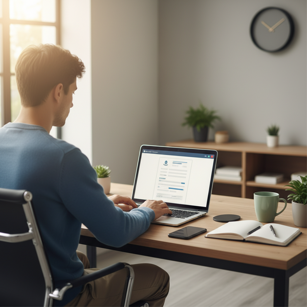 Person using a laptop to complete an online form, representing a simple digital service for getting a police crash report.