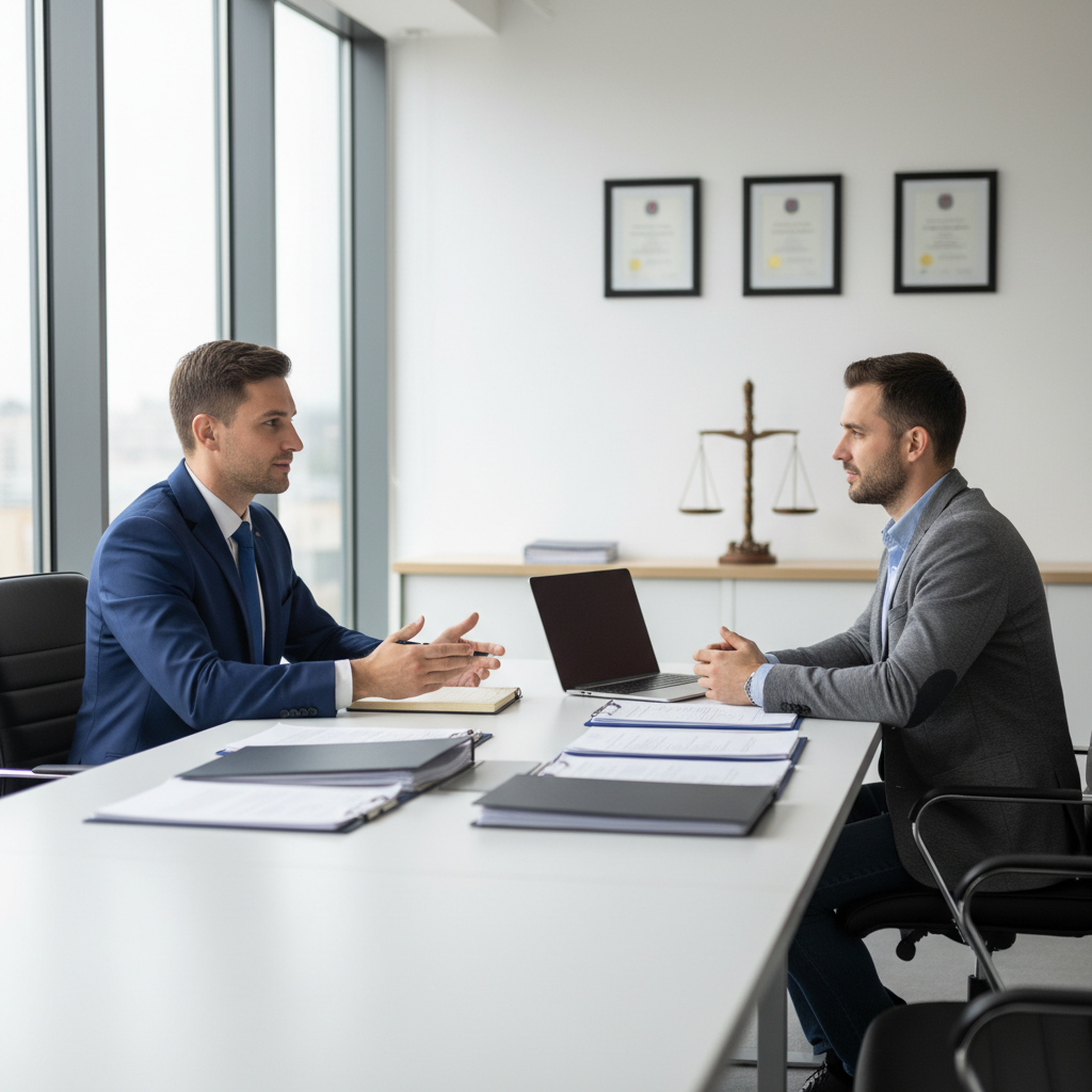 Lawyer and client sitting at a conference table reviewing car accident documents