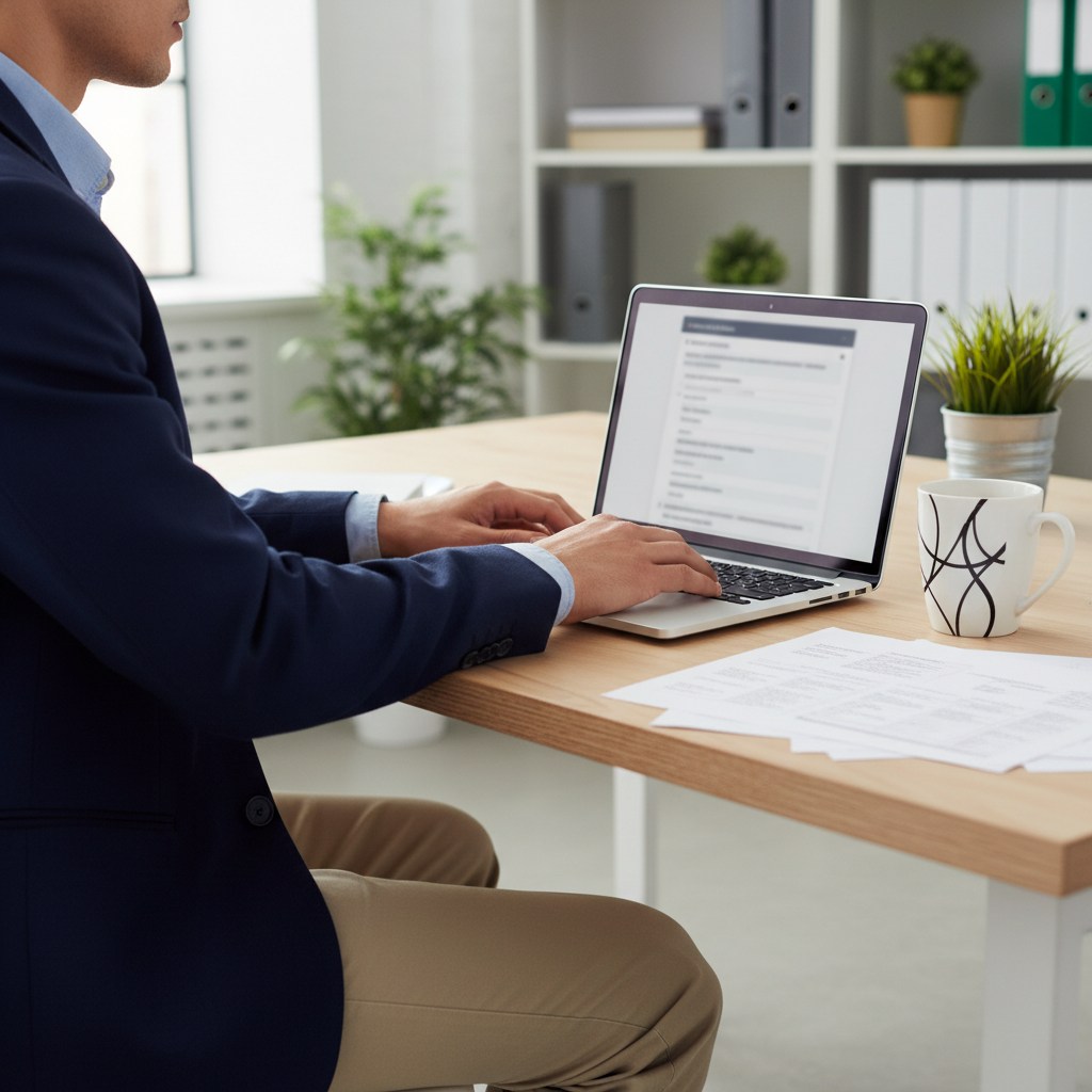 Person at a desk using a laptop and paperwork to request a police crash report