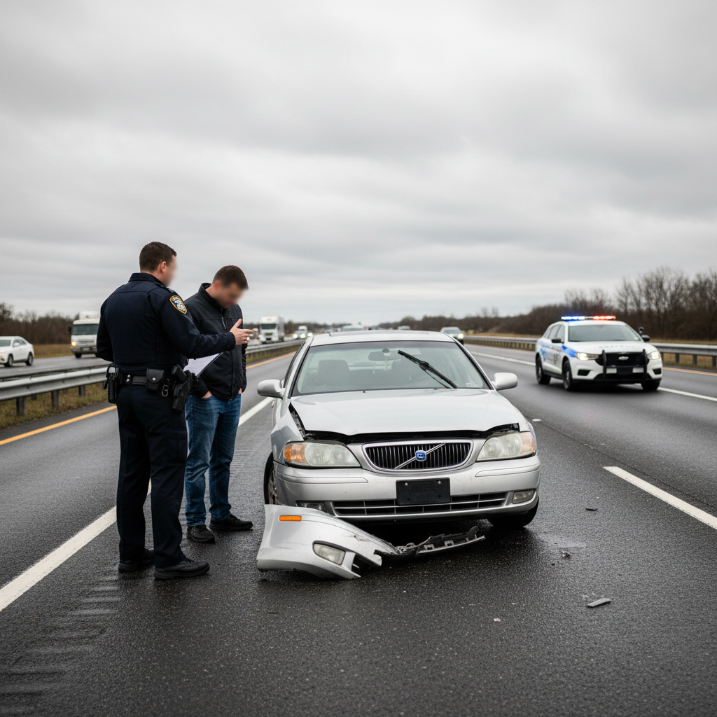 Police officer reviewing a crash scene with a driver while preparing a report for the insurance settlement