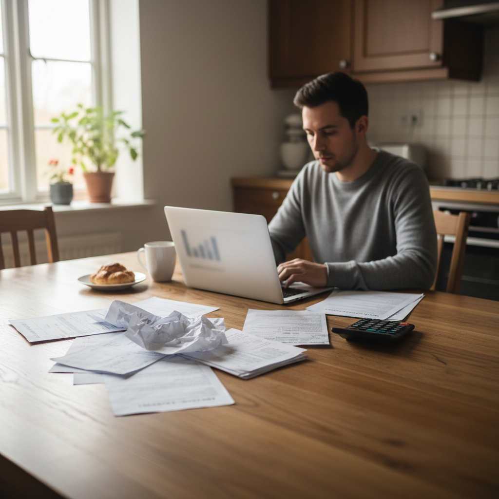 Person at a kitchen table reviewing an insurance settlement offer with bills and a laptop
