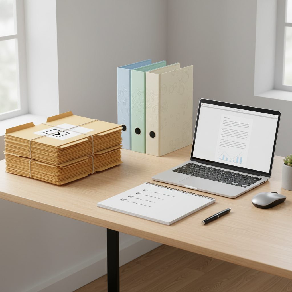 Organized desk with folders, checklist, and laptop representing accident claim paperwork